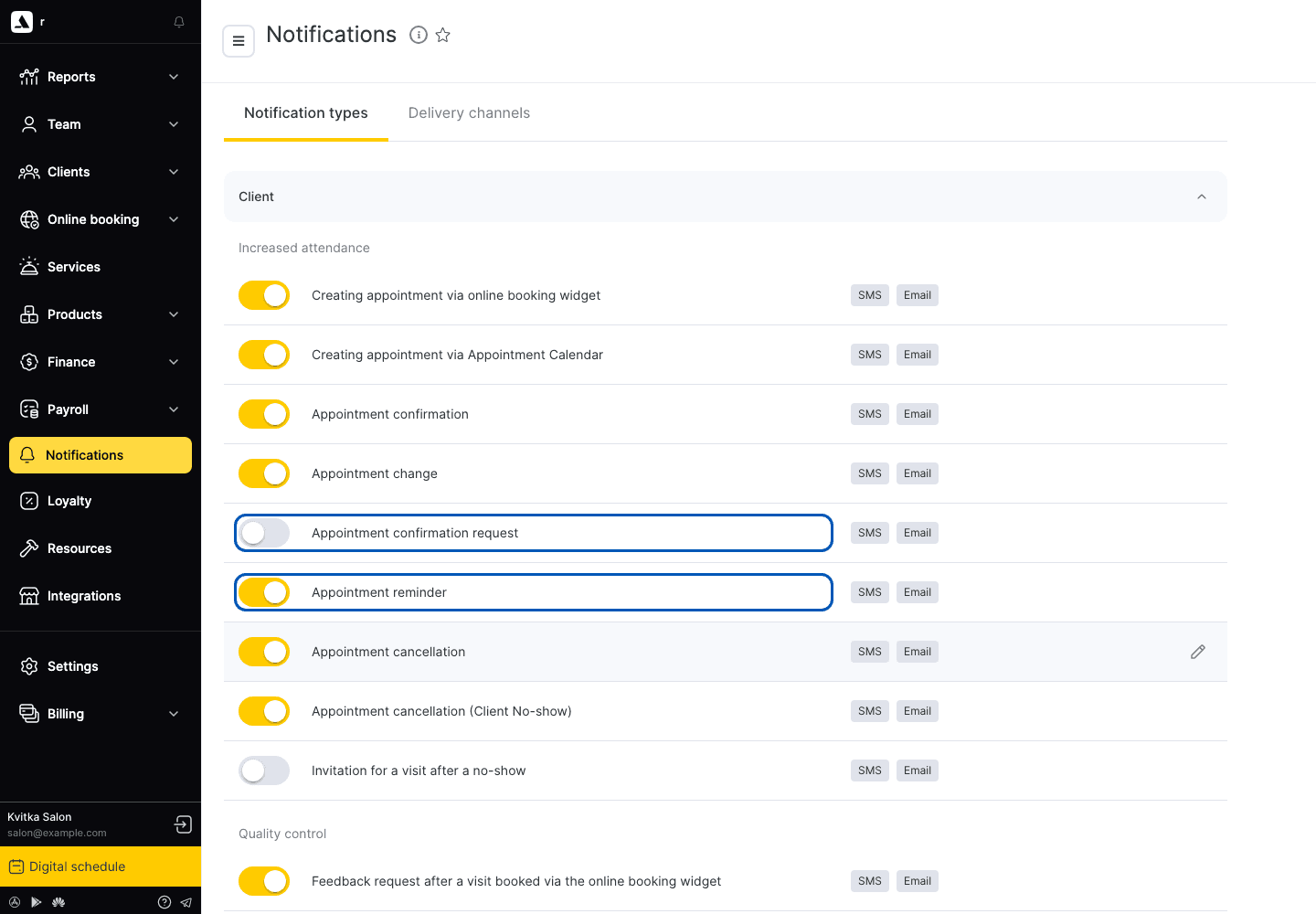 Altegio notification types: appointment reminder and confirmation request
