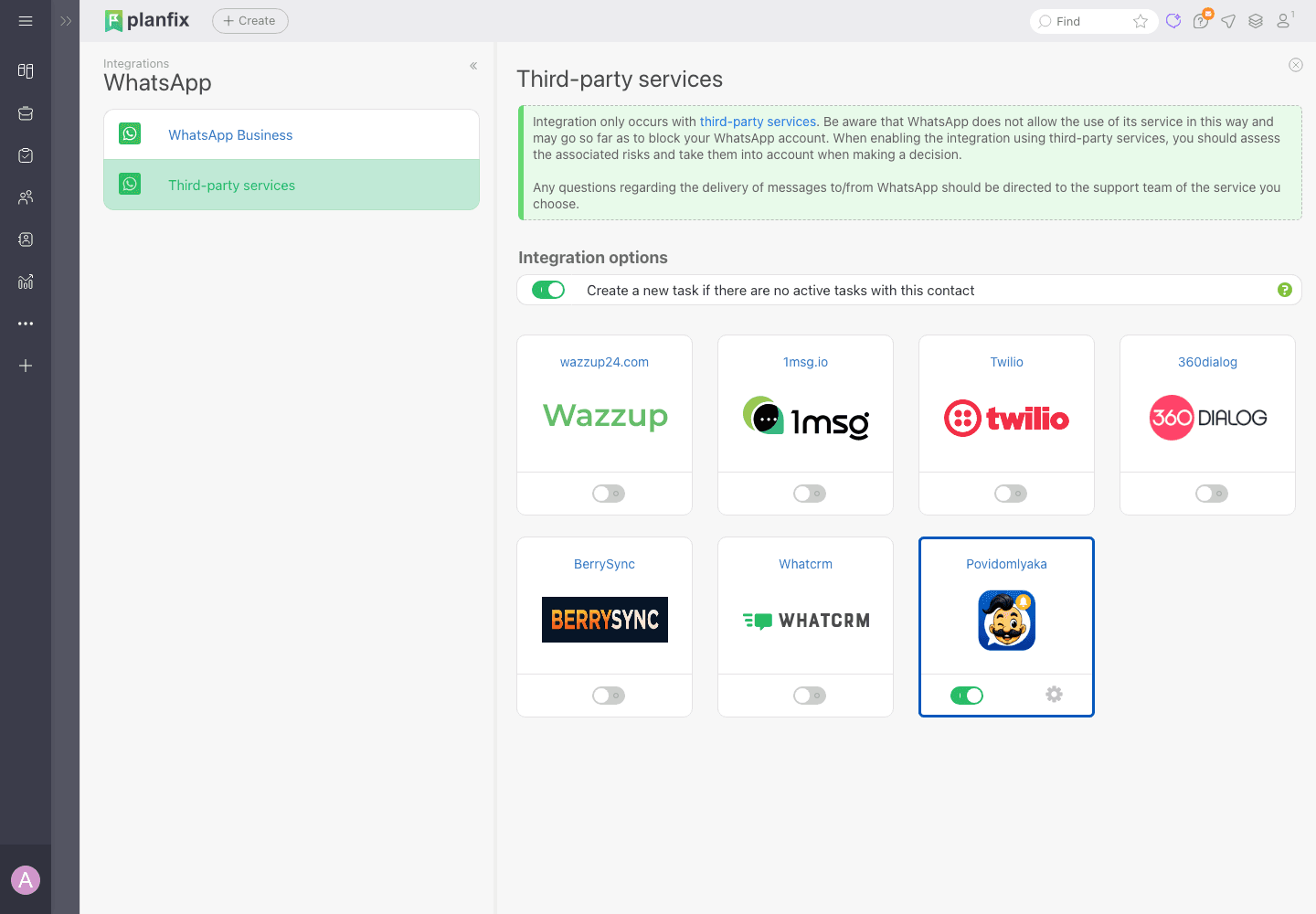 The Povidomlyaka card among WhatsApp integration services in Planfix